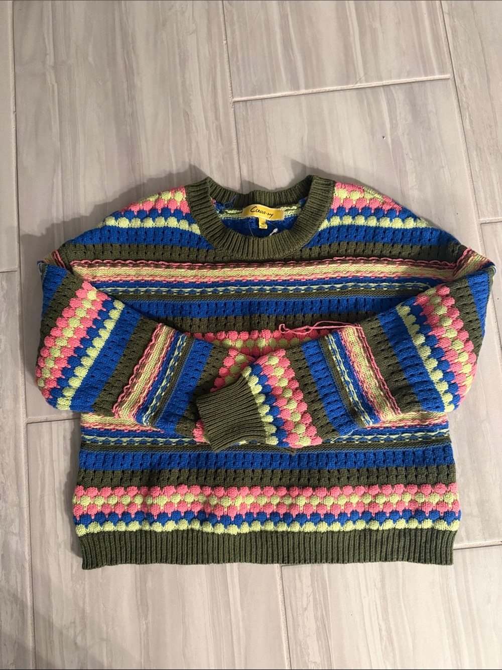 Multi-Color Striped Crewneck Sweater - Olive, Blue & Pink